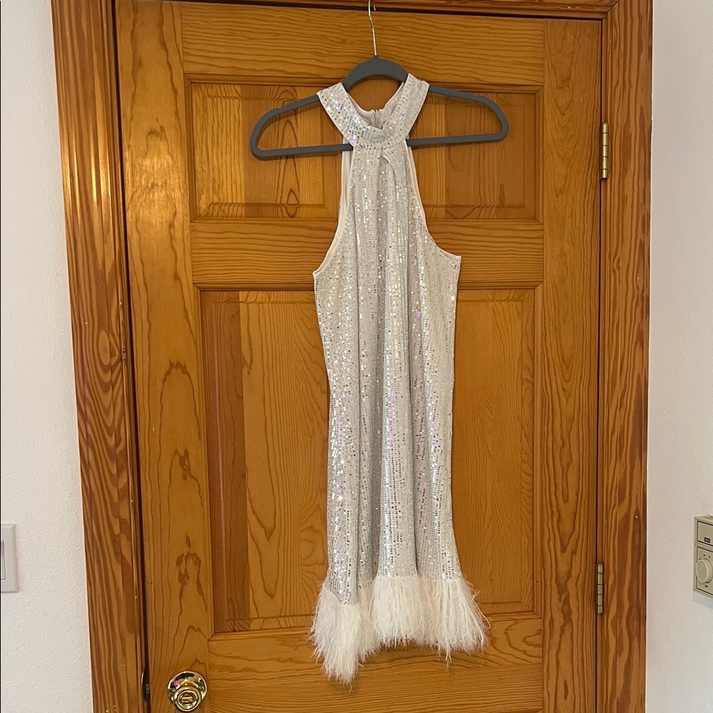 Sparkling Halter Dress with Feather Hem